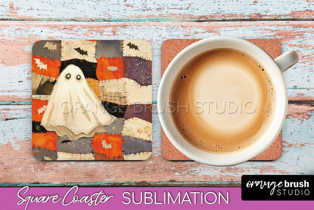 Patchwork Retro Halloween Coaster, Ghost Square Coaster PNG Sublimation OrangeBrushStudio 