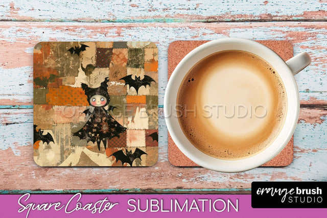Patchwork Retro Halloween Coaster, Ghost Square Coaster PNG Sublimation OrangeBrushStudio 