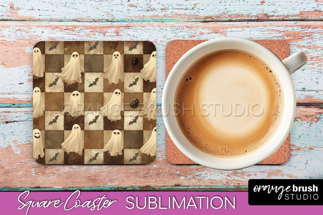 Patchwork Retro Halloween Coaster, Ghost Square Coaster PNG Sublimation OrangeBrushStudio 