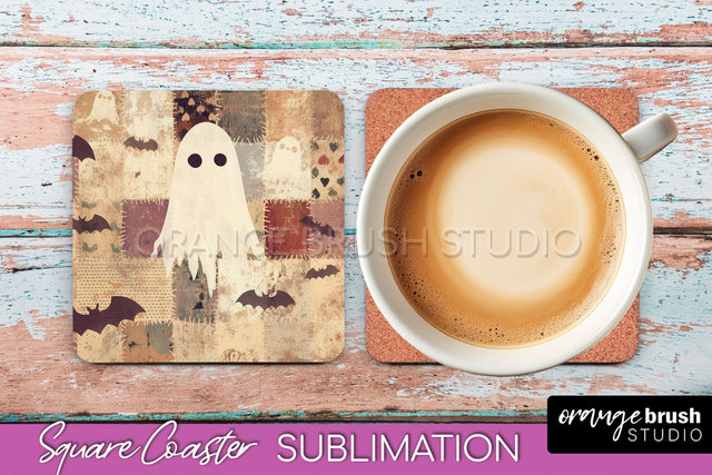 Patchwork Retro Halloween Coaster, Ghost Square Coaster PNG Sublimation OrangeBrushStudio 