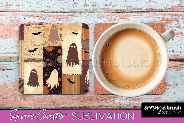 Patchwork Retro Halloween Coaster, Ghost Square Coaster PNG Sublimation OrangeBrushStudio 