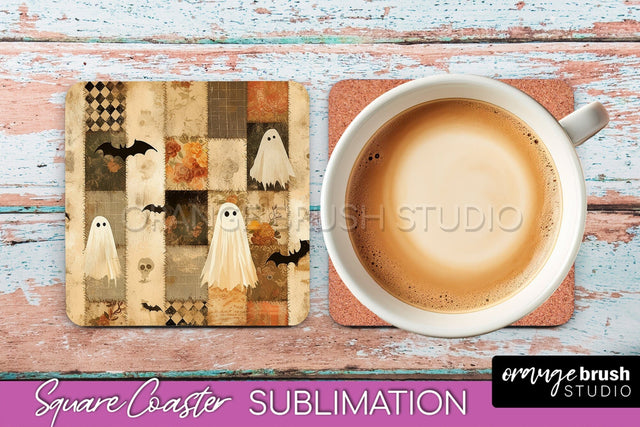 Patchwork Retro Halloween Coaster, Ghost Square Coaster PNG Sublimation OrangeBrushStudio 