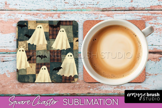 Patchwork Retro Halloween Coaster, Ghost Square Coaster PNG Sublimation OrangeBrushStudio 