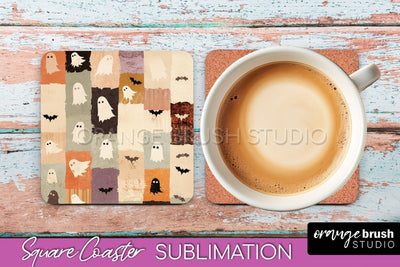 Patchwork Retro Halloween Coaster, Ghost Square Coaster PNG Sublimation OrangeBrushStudio 