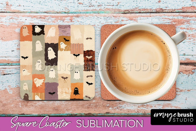 Patchwork Retro Halloween Coaster, Ghost Square Coaster PNG Sublimation OrangeBrushStudio 