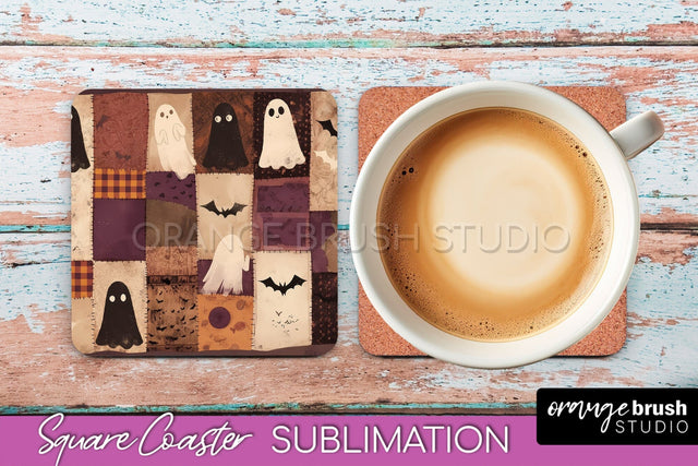 Patchwork Retro Halloween Coaster, Ghost Square Coaster PNG Sublimation OrangeBrushStudio 