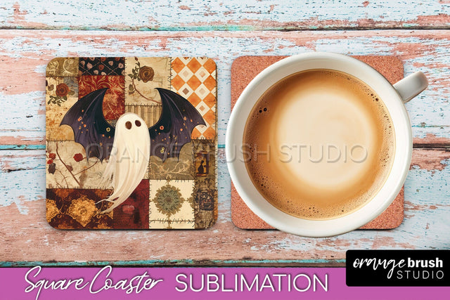 Patchwork Retro Halloween Coaster, Ghost Square Coaster PNG Sublimation OrangeBrushStudio 
