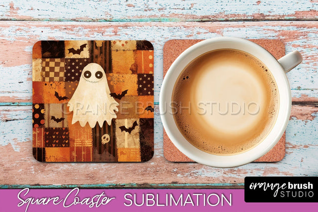 Patchwork Retro Halloween Coaster, Ghost Square Coaster PNG Sublimation OrangeBrushStudio 