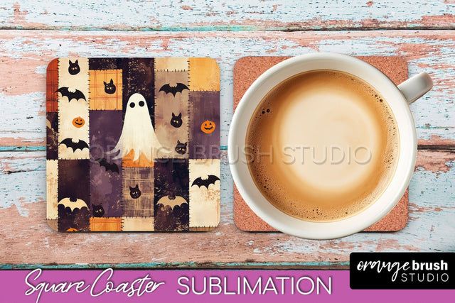 Patchwork Retro Halloween Coaster, Ghost Square Coaster PNG Sublimation OrangeBrushStudio 