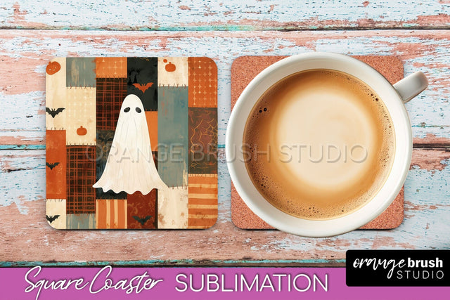 Patchwork Retro Halloween Coaster, Ghost Square Coaster PNG Sublimation OrangeBrushStudio 