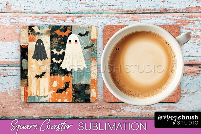Patchwork Retro Halloween Coaster, Ghost Square Coaster PNG Sublimation OrangeBrushStudio 