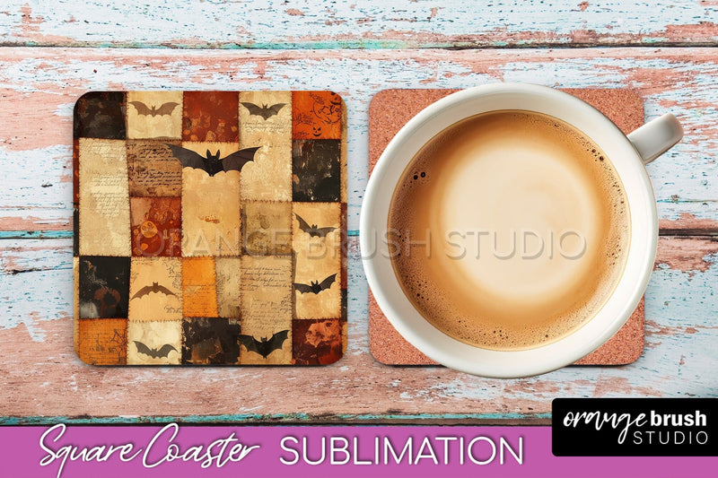 Patchwork Retro Halloween Coaster, Ghost Square Coaster PNG Sublimation OrangeBrushStudio 