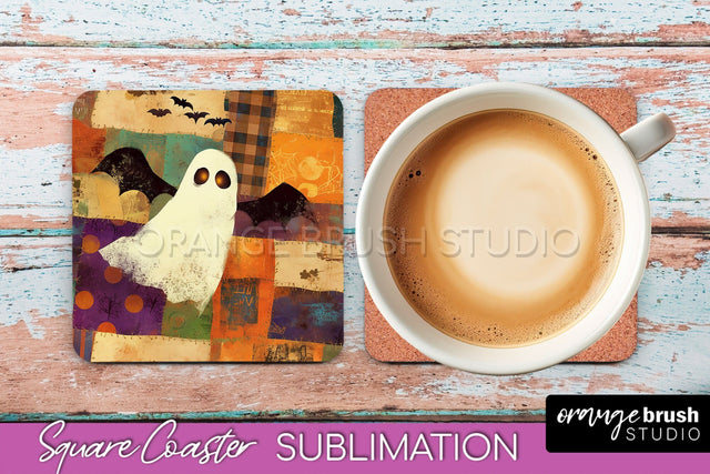Patchwork Retro Halloween Coaster, Ghost Square Coaster PNG Sublimation OrangeBrushStudio 