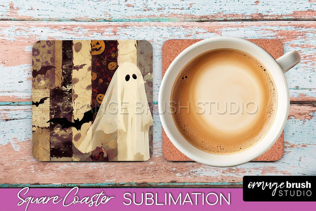 Patchwork Retro Halloween Coaster, Ghost Square Coaster PNG Sublimation OrangeBrushStudio 