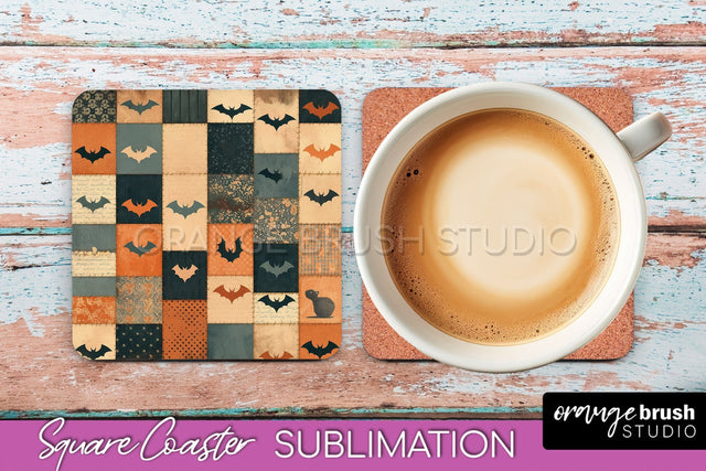 Patchwork Retro Halloween Coaster, Ghost Square Coaster PNG Sublimation OrangeBrushStudio 