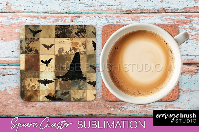 Patchwork Retro Halloween Coaster, Ghost Square Coaster PNG Sublimation OrangeBrushStudio 