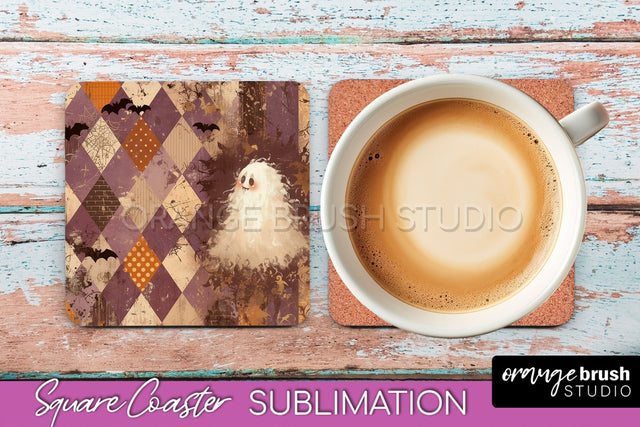 Patchwork Retro Halloween Coaster, Ghost Square Coaster PNG Sublimation OrangeBrushStudio 