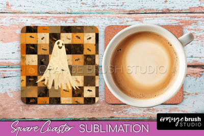 Patchwork Retro Halloween Coaster, Ghost Square Coaster PNG Sublimation OrangeBrushStudio 