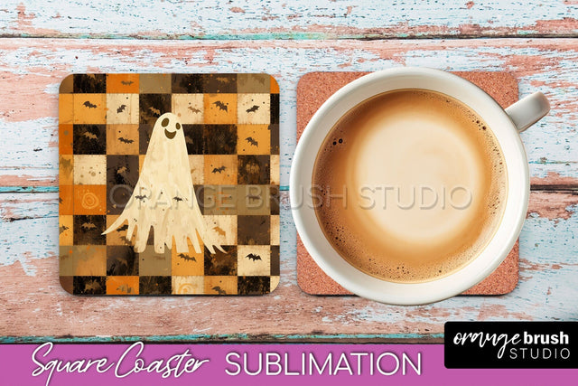 Patchwork Retro Halloween Coaster, Ghost Square Coaster PNG Sublimation OrangeBrushStudio 