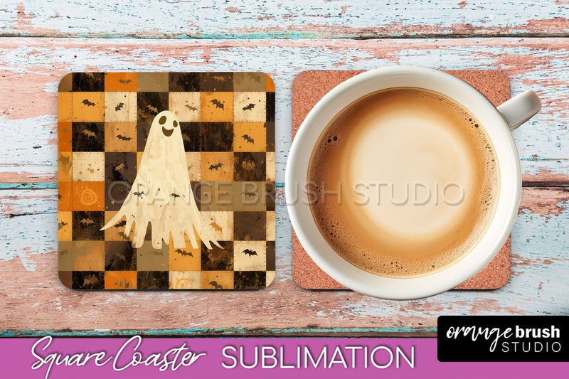 Patchwork Retro Halloween Coaster, Ghost Square Coaster PNG Sublimation OrangeBrushStudio 