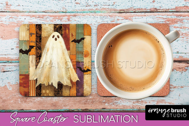Patchwork Retro Halloween Coaster, Ghost Square Coaster PNG Sublimation OrangeBrushStudio 