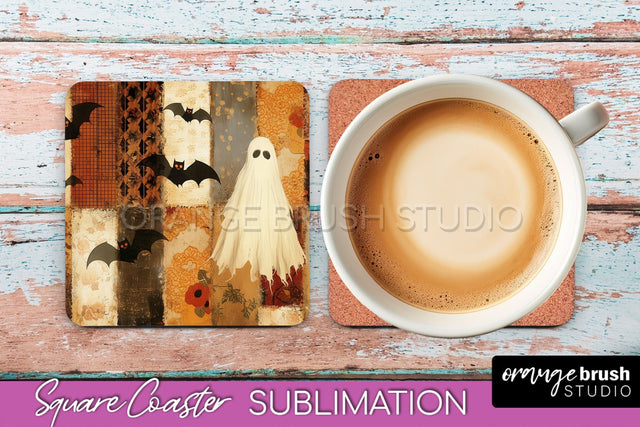 Patchwork Retro Halloween Coaster, Ghost Square Coaster PNG Sublimation OrangeBrushStudio 