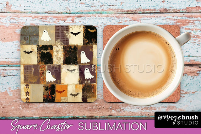 Patchwork Retro Halloween Coaster, Ghost Square Coaster PNG Sublimation OrangeBrushStudio 