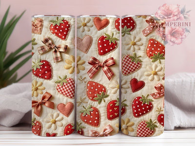 Patchwork Strawberry Heart Glow 20oz Tumbler, Patchwork Style, Strawberry Motif, Heart Design, Glow Effect, Whimsical Charm, Skinny Tumbler, Sublimation PNG Sublimation Li Zamperini 