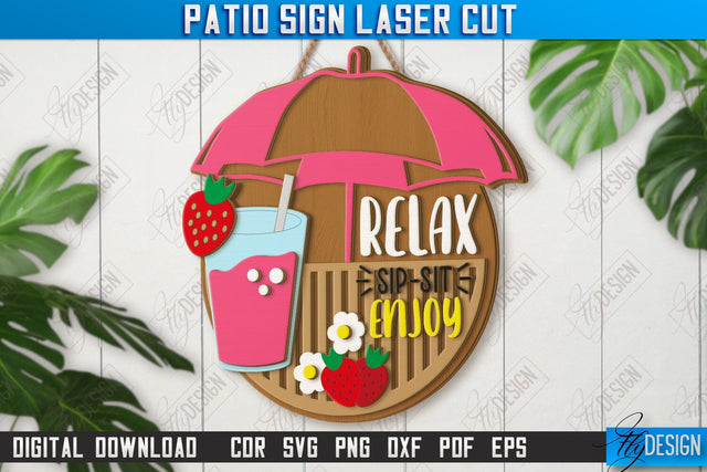 Patio Sign Laser Cut | Round Wall Signs | Porch Sign | Summer Design | CNC File SVG Fly Design 
