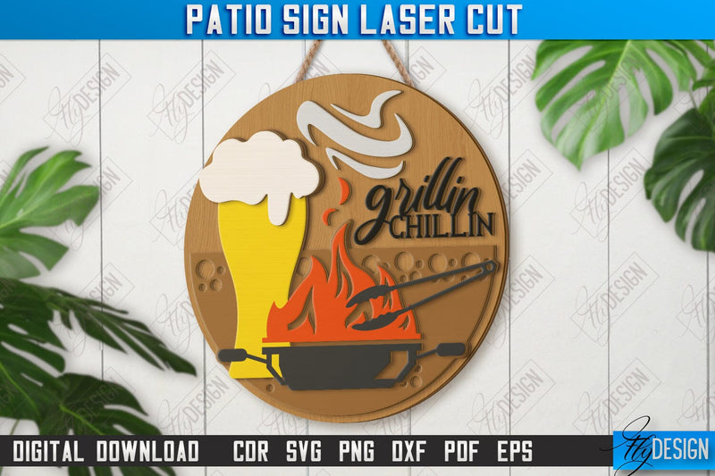 Patio Sign Laser Cut | Round Wall Signs | Porch Sign | Summer Design | CNC File SVG Fly Design 