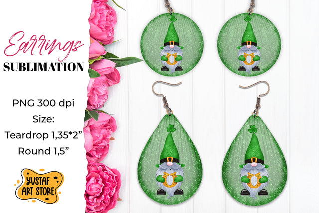 Patrick's Day Gnome Earrings Sublimation. Teardrop and Round Sublimation Yustaf Art Store 