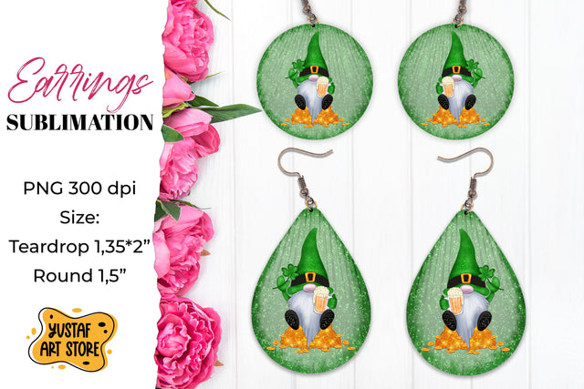 Patrick's Day Gnome Earrings Sublimation. Teardrop and Round Sublimation Yustaf Art Store 