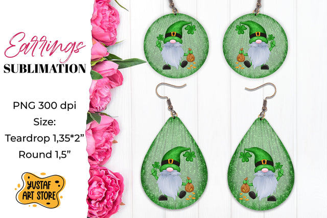 Patrick's Day Gnome Earrings Sublimation. Teardrop and Round Sublimation Yustaf Art Store 