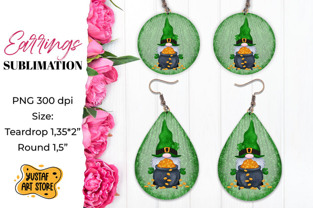 Patrick's Day Gnome Earrings Sublimation. Teardrop and Round Sublimation Yustaf Art Store 