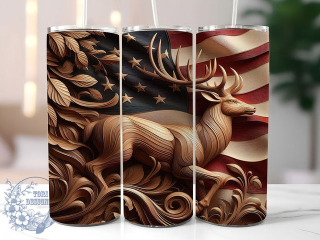 Patriotic 3D Deer Freedom Tumbler, Patriotic Flag Wrap, 20oz Tumbler Sublimation, Rustic Wood Design, American Pride Sublimation, Wildlife Hunter Tumbler, Country Freedom Wrap Sublimation ToriDesigns 