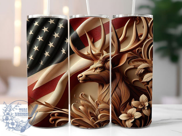 Patriotic 3D Deer Freedom Tumbler, Patriotic Flag Wrap, 20oz Tumbler Sublimation, Rustic Wood Design, American Pride Sublimation, Wildlife Hunter Tumbler, Country Freedom Wrap Sublimation ToriDesigns 