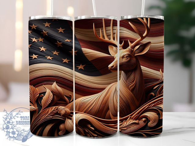 Patriotic 3D Deer Freedom Tumbler, Patriotic Flag Wrap, 20oz Tumbler Sublimation, Rustic Wood Design, American Pride Sublimation, Wildlife Hunter Tumbler, Country Freedom Wrap Sublimation ToriDesigns 