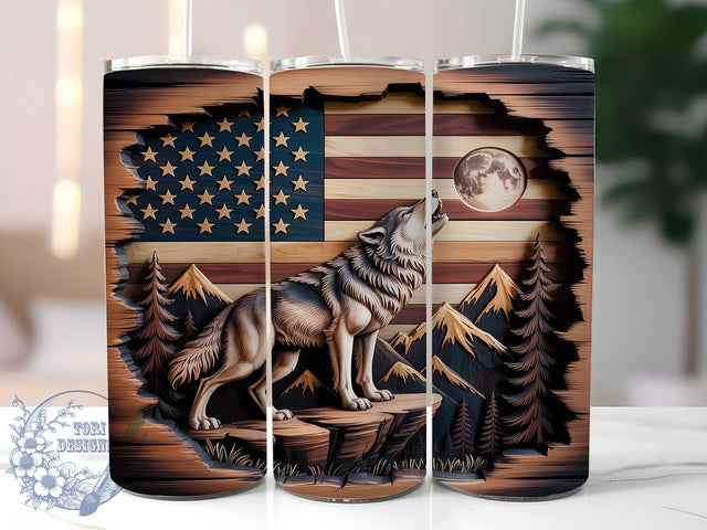 Patriotic 3D Wolf Hunter Tumbler, Patriotic Hunting Wrap, 20oz Tumbler Sublimation, Rustic Wood Flag Design, American Predator Sublimation, Wild Freedom Tumbler, Country Hunter Wrap Sublimation ToriDesigns 