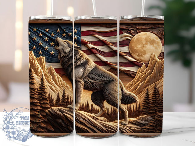 Patriotic 3D Wolf Hunter Tumbler, Patriotic Hunting Wrap, 20oz Tumbler Sublimation, Rustic Wood Flag Design, American Predator Sublimation, Wild Freedom Tumbler, Country Hunter Wrap Sublimation ToriDesigns 