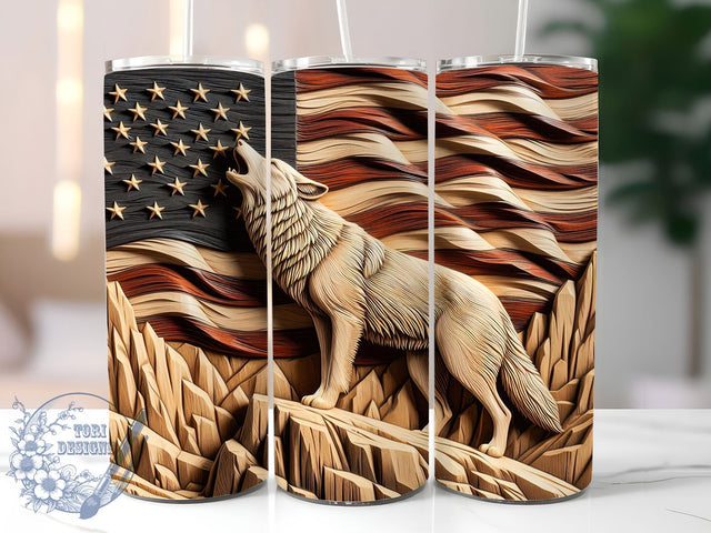 Patriotic 3D Wolf Hunter Tumbler, Patriotic Hunting Wrap, 20oz Tumbler Sublimation, Rustic Wood Flag Design, American Predator Sublimation, Wild Freedom Tumbler, Country Hunter Wrap Sublimation ToriDesigns 