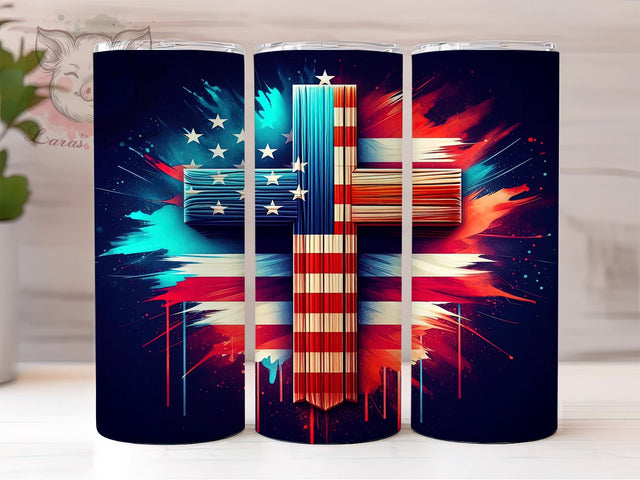 Patriotic American Cross 20oz Tumbler Png, Straight & Tapered Tumbler Png, Cross American Flag Tumbler Png, Digital Download PNG Sublimation Lara' s Designs 