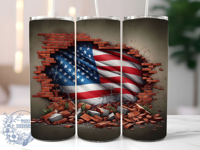 Patriotic American Flag Brick Wall Reveal 20oz Skinny Tumbler, Rustic USA Flag Tumbler Png, Straight & Tapered Tumbler Wrap, Instant Digital Download Sublimation ToriDesigns 