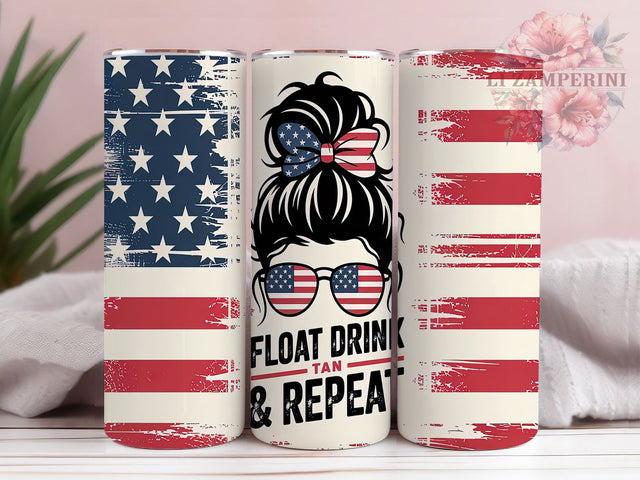 Patriotic American Flag Bun Summer Tumbler, American Flag Bun Wrap, 20oz Sublimation Design, Float Drink Tan Wrap, USA Summer Tumbler, 4th of July Girl Cup, Red White Blue Wrap Sublimation Li Zamperini 