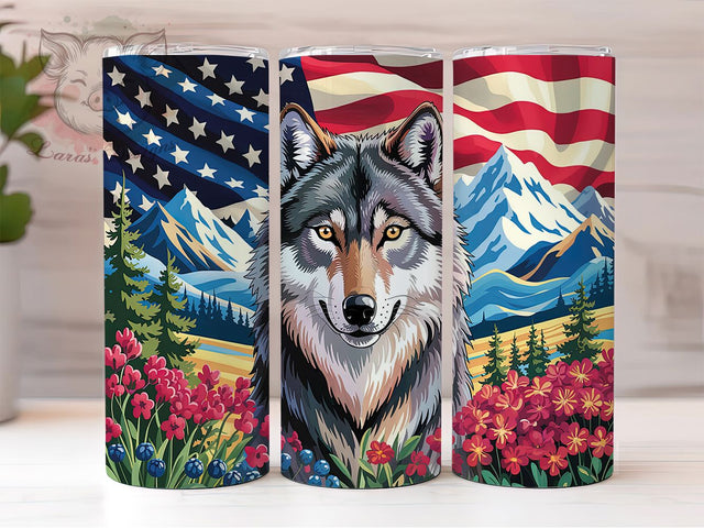 Patriotic American Flag Wolf Tumbler, American Flag Wolf Wrap, 20oz Sublimation Wrap, USA Wildlife Cup, Howling Wolf Design, Red White Blue Tumbler, Freedom Wolf Art Sublimation Lara' s Designs 