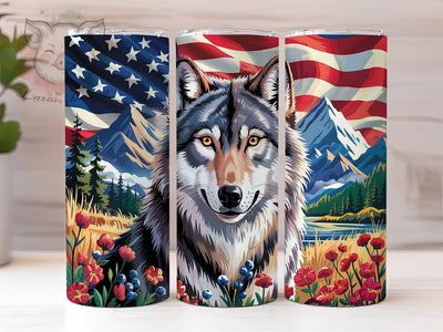 Patriotic American Flag Wolf Tumbler, American Flag Wolf Wrap, 20oz Sublimation Wrap, USA Wildlife Cup, Howling Wolf Design, Red White Blue Tumbler, Freedom Wolf Art Sublimation Lara' s Designs 