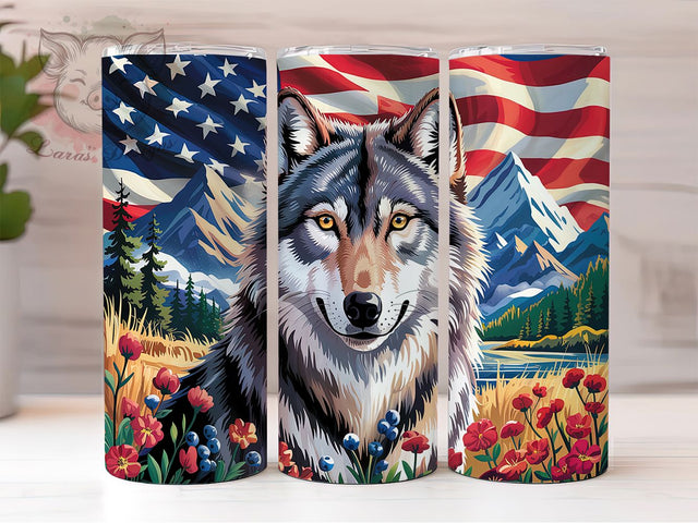 Patriotic American Flag Wolf Tumbler, American Flag Wolf Wrap, 20oz Sublimation Wrap, USA Wildlife Cup, Howling Wolf Design, Red White Blue Tumbler, Freedom Wolf Art Sublimation Lara' s Designs 