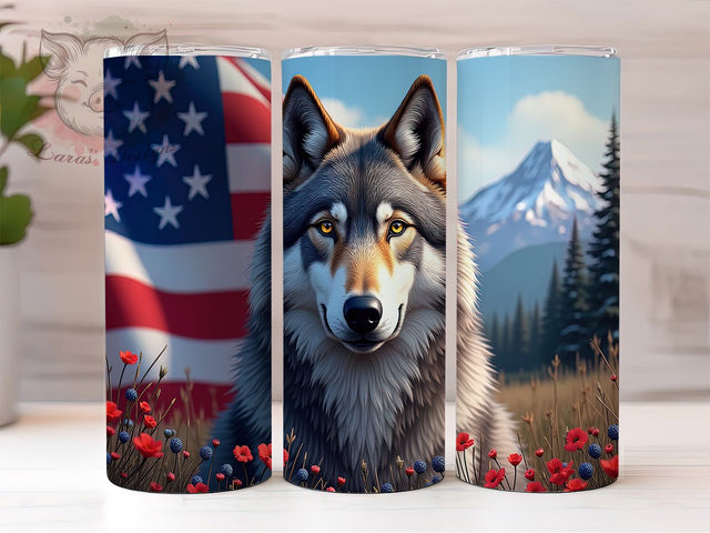 Patriotic American Flag Wolf Tumbler, American Flag Wolf Wrap, 20oz Sublimation Wrap, USA Wildlife Cup, Howling Wolf Design, Red White Blue Tumbler, Freedom Wolf Art Sublimation Lara' s Designs 