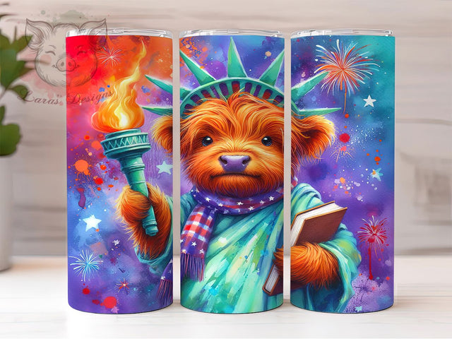 Patriotic Baby Highland Cow 20oz Tumbler, Coquette Cow Tumbler, 4th of July Cow, USA Cow Tumbler, Independence Day Tumbler, 20oz Tumbler Wrap, Patriotic Highland Cow Sublimation Lara' s Designs 