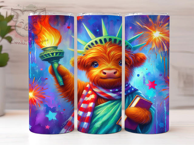 Patriotic Baby Highland Cow 20oz Tumbler, Coquette Cow Tumbler, 4th of July Cow, USA Cow Tumbler, Independence Day Tumbler, 20oz Tumbler Wrap, Patriotic Highland Cow Sublimation Lara' s Designs 