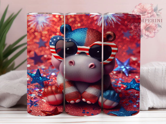 Patriotic Baby Hippo Glitter Tumbler, Patriotic Tumbler Wrap, Glitter Hippo Tumbler, 20oz Tumbler Sublimation, USA Flag Tumbler, Cute Animal Tumbler, Digital Tumbler Wrap Sublimation Li Zamperini 